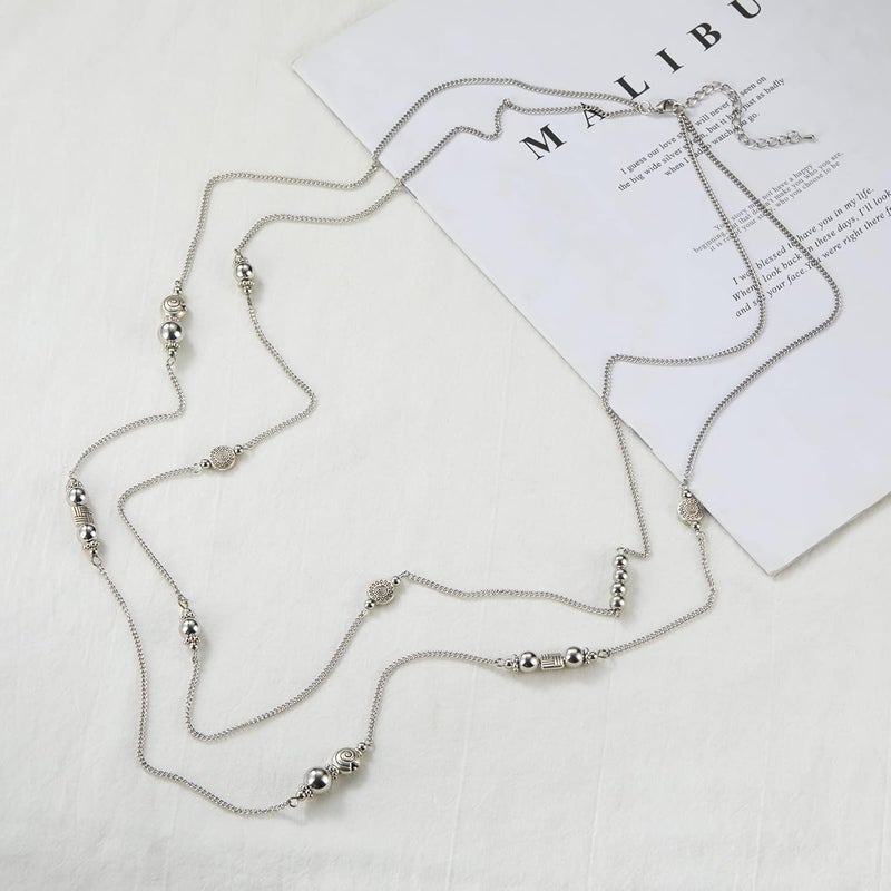 BULINLIN Layered Silver Long Necklace for Women Turquoise Stone Beaded Strand Sweater Chain Necklaces Fashion Costume Jewelry Gifts for Mom - Image 3